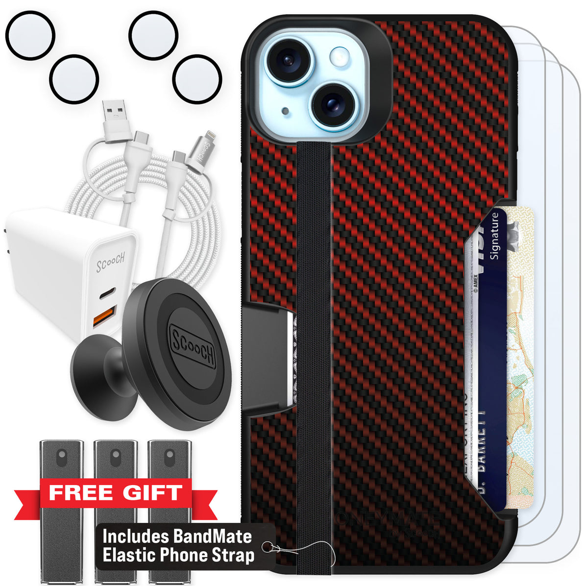 Scooch Moneymate Red Carbon Fiber for iPhone 15 Plus β Ultimate Bundle