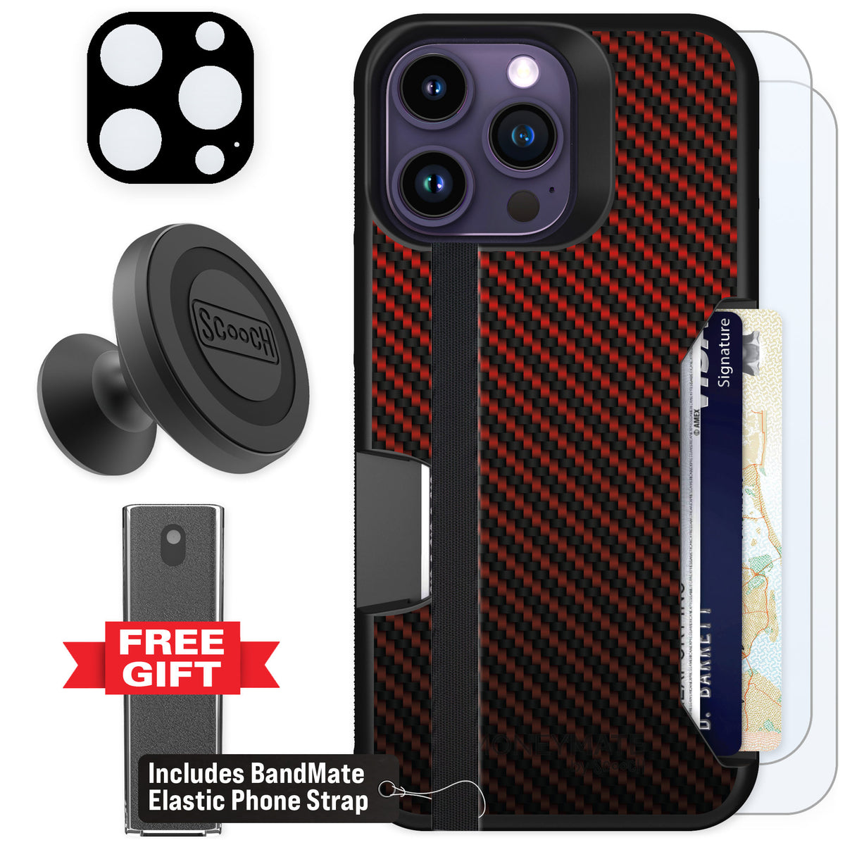 Scooch Moneymate Red Carbon Fiber for iPhone 14 Pro Max β Defender Bundle