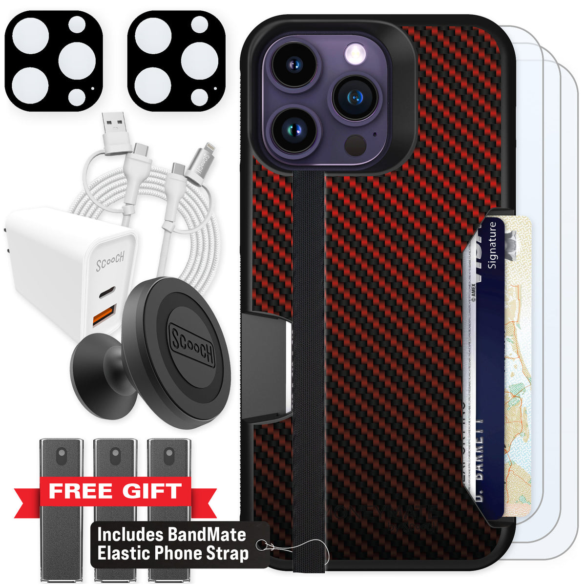 Scooch Moneymate Red Carbon Fiber for iPhone 14 Pro Max β Ultimate Bundle