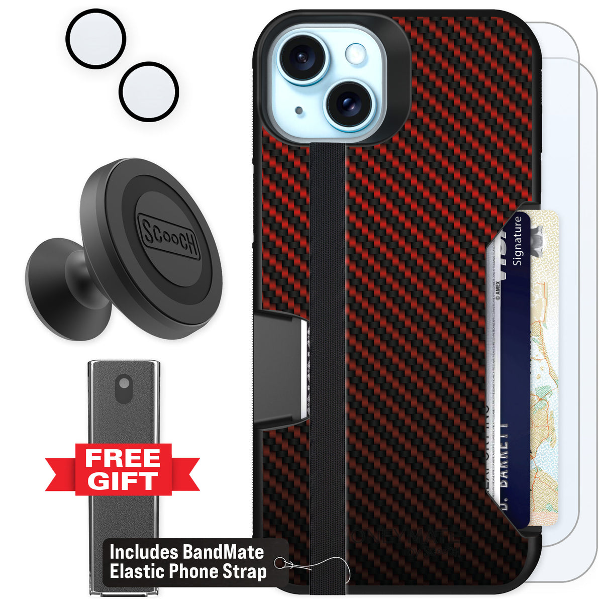 Scooch Moneymate Red Carbon Fiber for iPhone 14 Plus β Defender Bundle