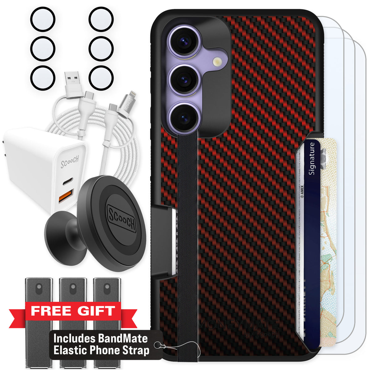 Scooch Moneymate Red Carbon Fiber for Galaxy S25 β Ultimate Bundle