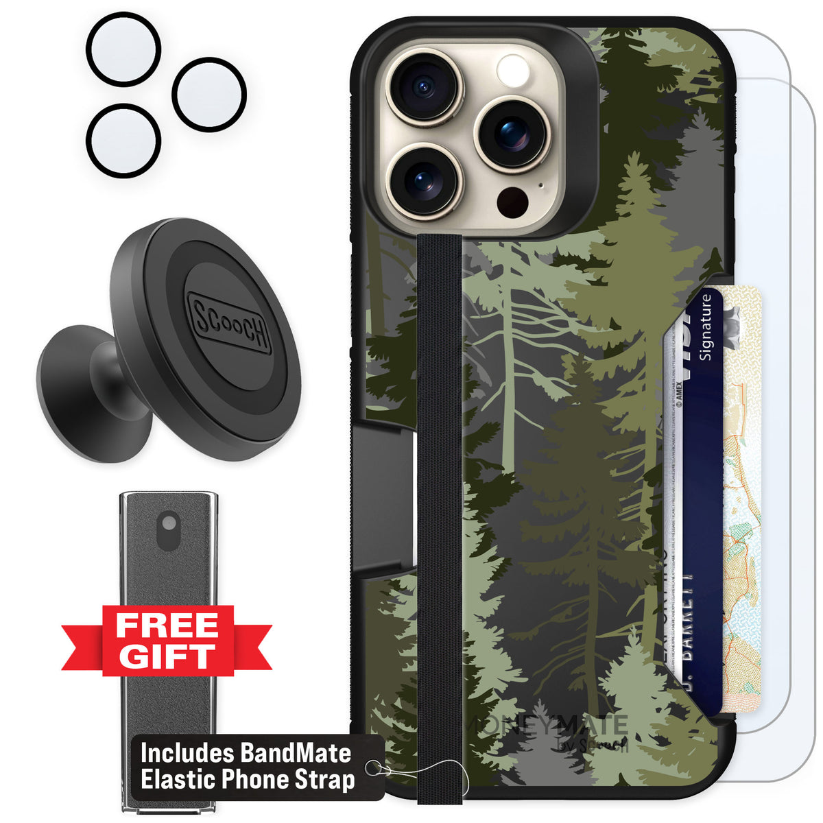 Scooch Moneymate Hidden Pines for iPhone 15 Pro Max β Defender Bundle