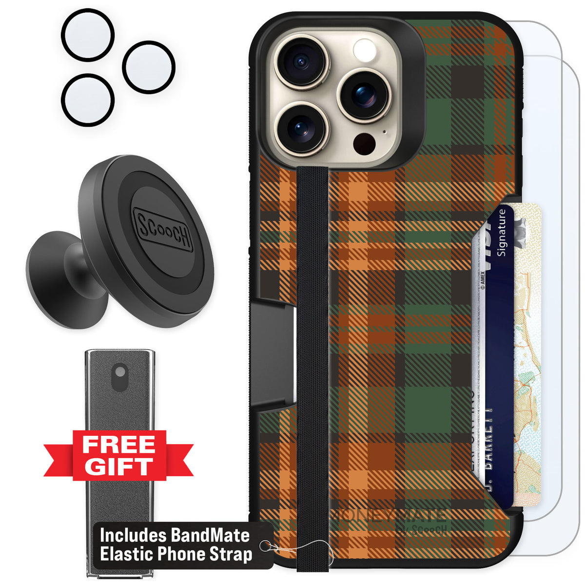 Scooch Moneymate Fall Flannel for iPhone 15 Pro Max β Defender Bundle