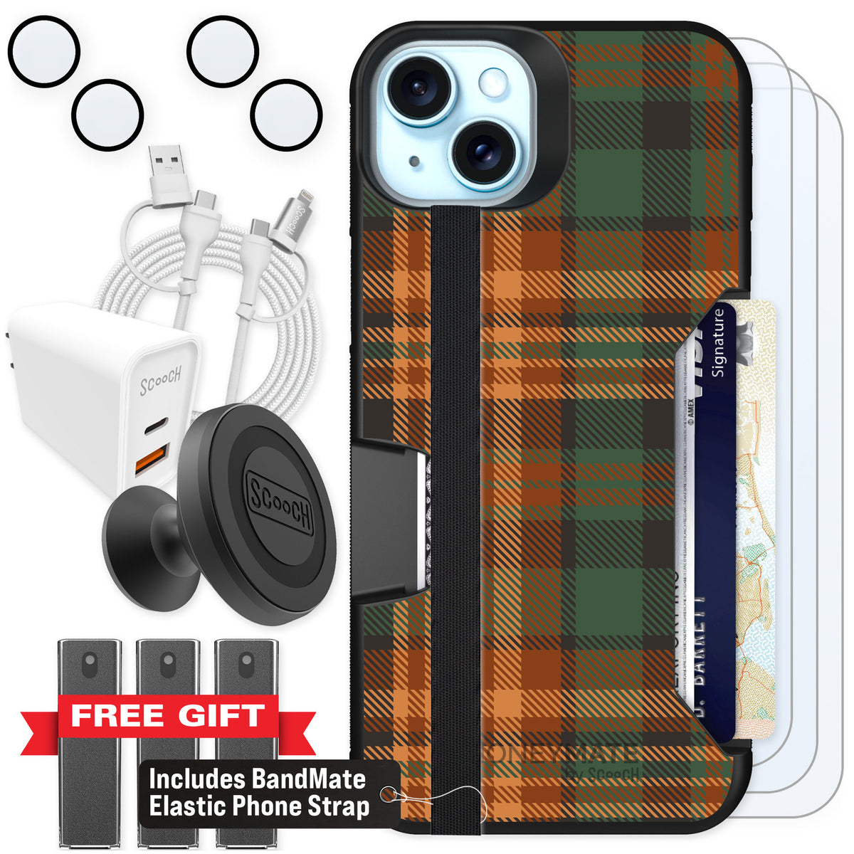 Scooch Moneymate Fall Flannel for iPhone 15 Plus β Ultimate Bundle