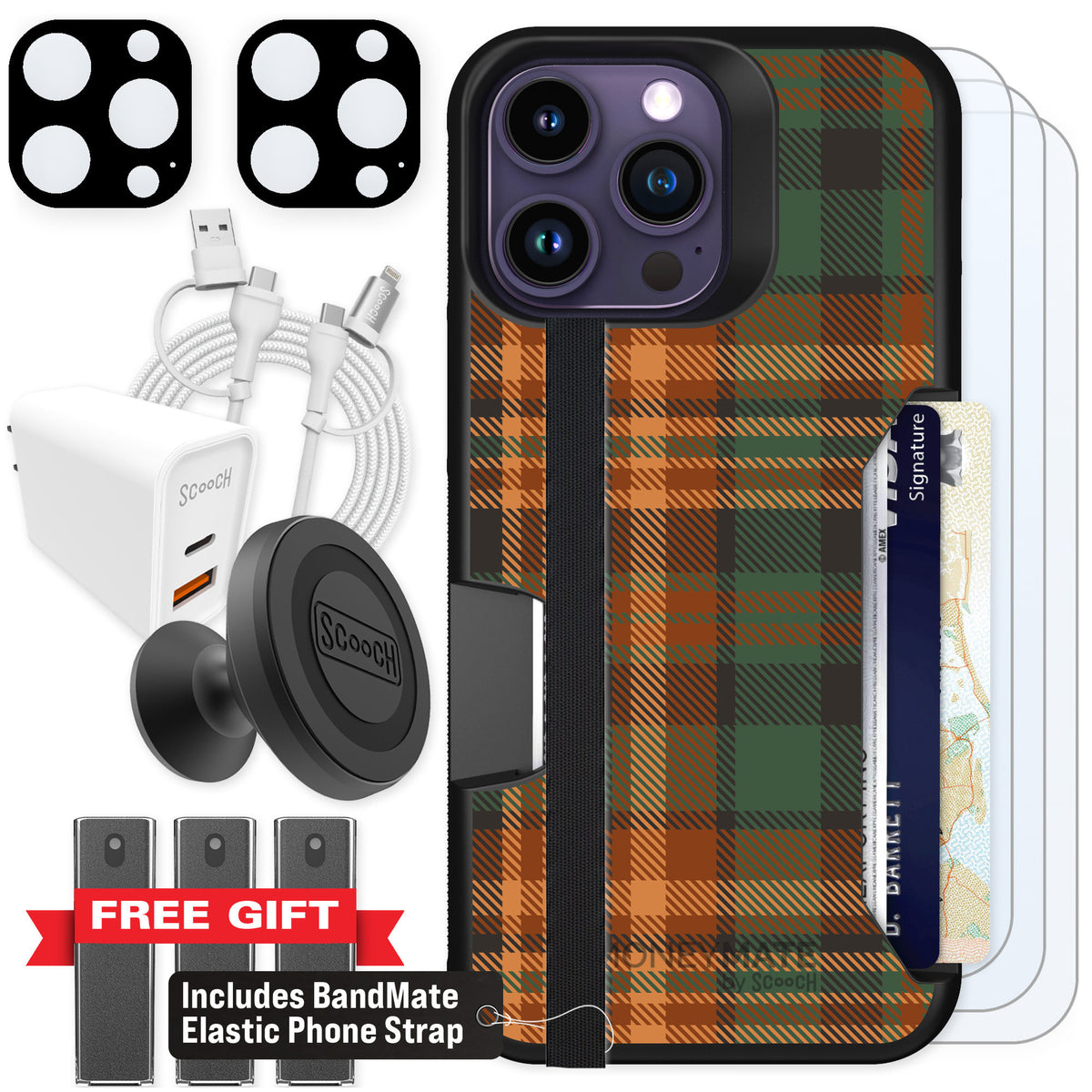 Scooch Moneymate Fall Flannel for iPhone 14 Pro Max β Ultimate Bundle