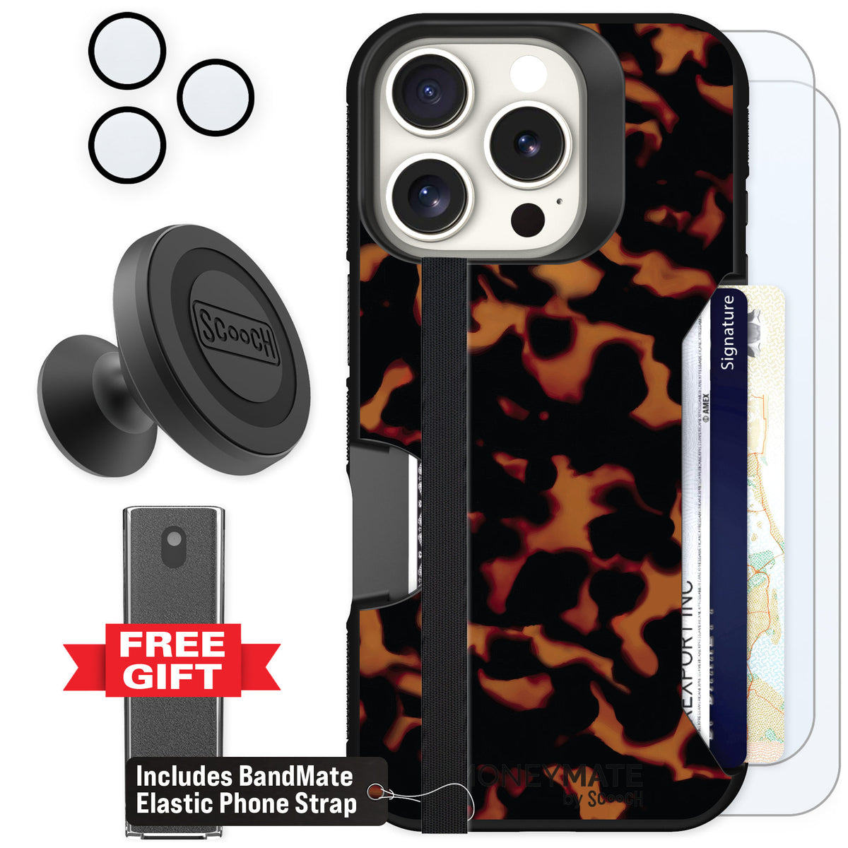 Scooch Moneymate Tortoise Shell for iPhone 16 Pro β Defender Bundle
