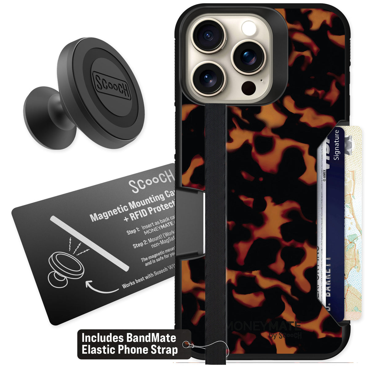 Scooch Moneymate Tortoise Shell for iPhone 15 Pro Max β Starter Bundle