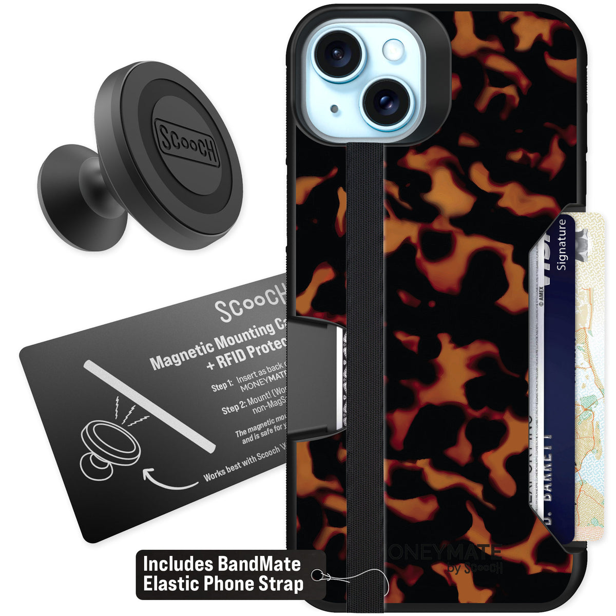 Scooch Moneymate Tortoise Shell for iPhone 15 Plus β Starter Bundle
