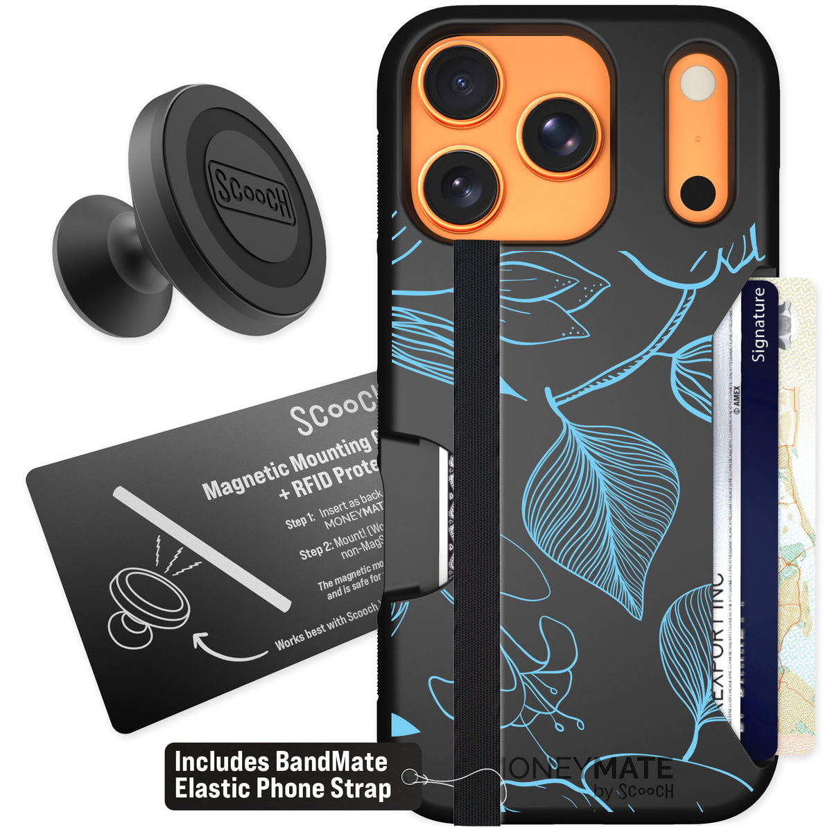 Scooch Moneymate Blue Hibiscus for iPhone 17 Pro — Starter Bundle
