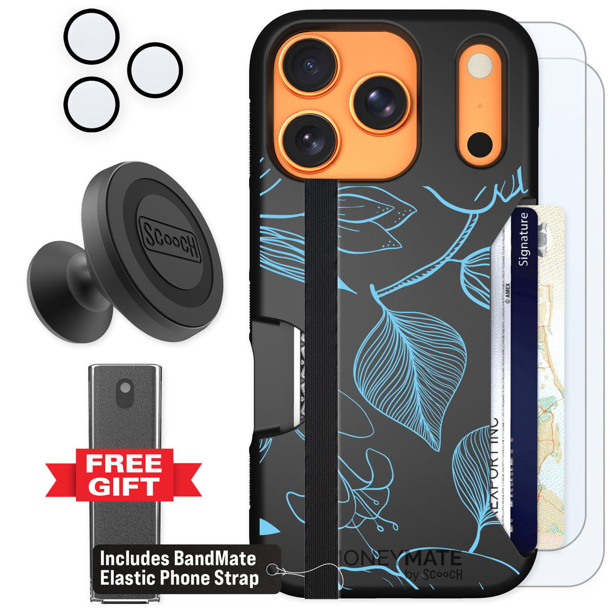 Scooch Moneymate Blue Hibiscus for iPhone 17 Pro — Defender Bundle