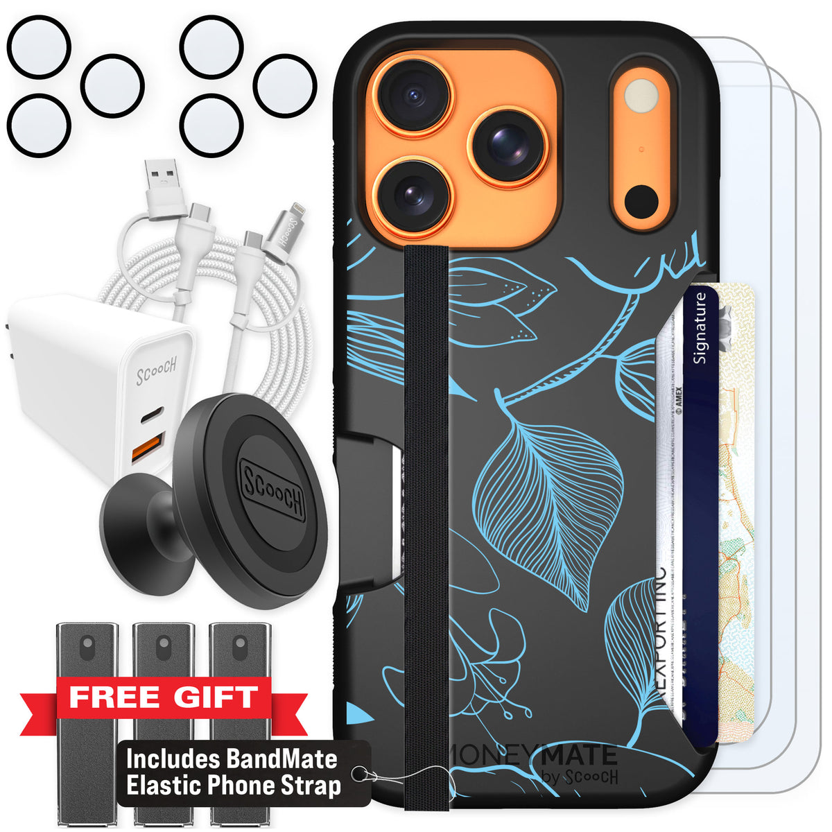 Scooch Moneymate Blue Hibiscus for iPhone 17 Pro — Ultimate Bundle