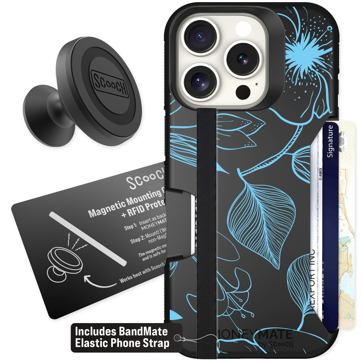 Scooch Moneymate Blue Hibiscus for iPhone 16 Pro — Starter Bundle