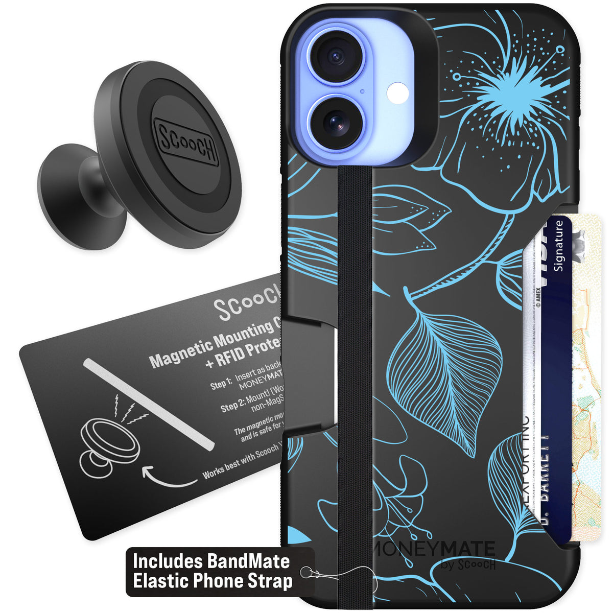 Scooch Moneymate Blue Hibiscus for iPhone 16 Plus — Starter Bundle