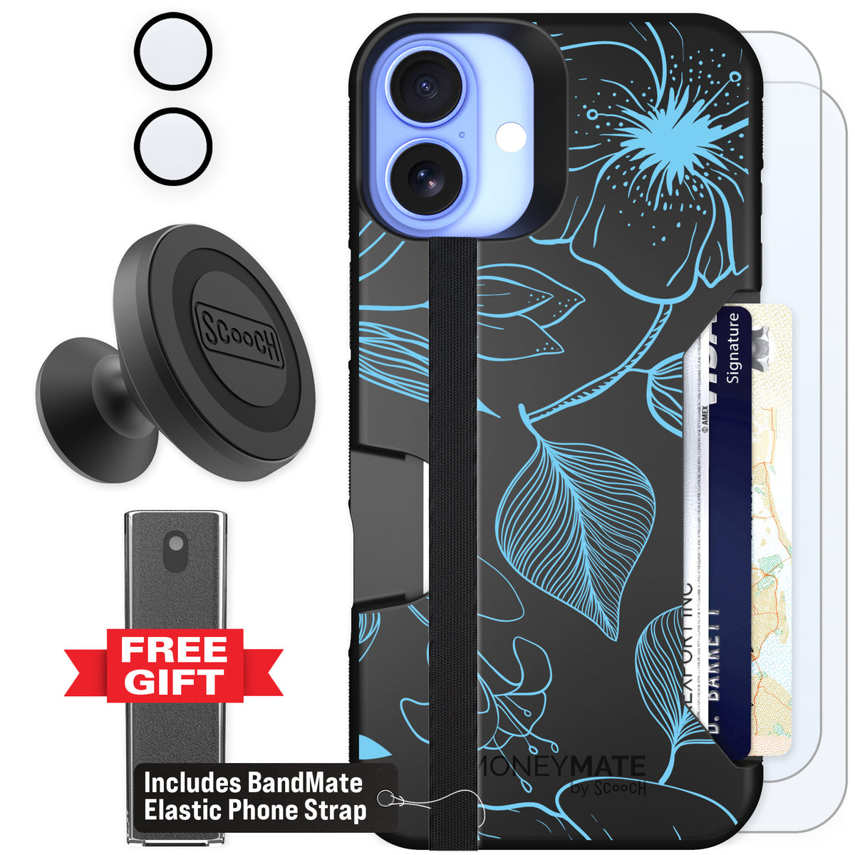 Scooch Moneymate Blue Hibiscus for iPhone 16 Plus — Defender Bundle