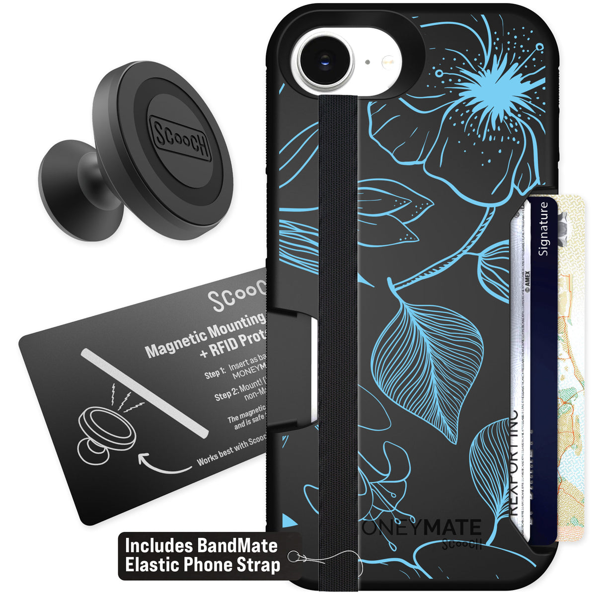 Scooch Moneymate Blue Hibiscus for iPhone 16e — Starter Bundle