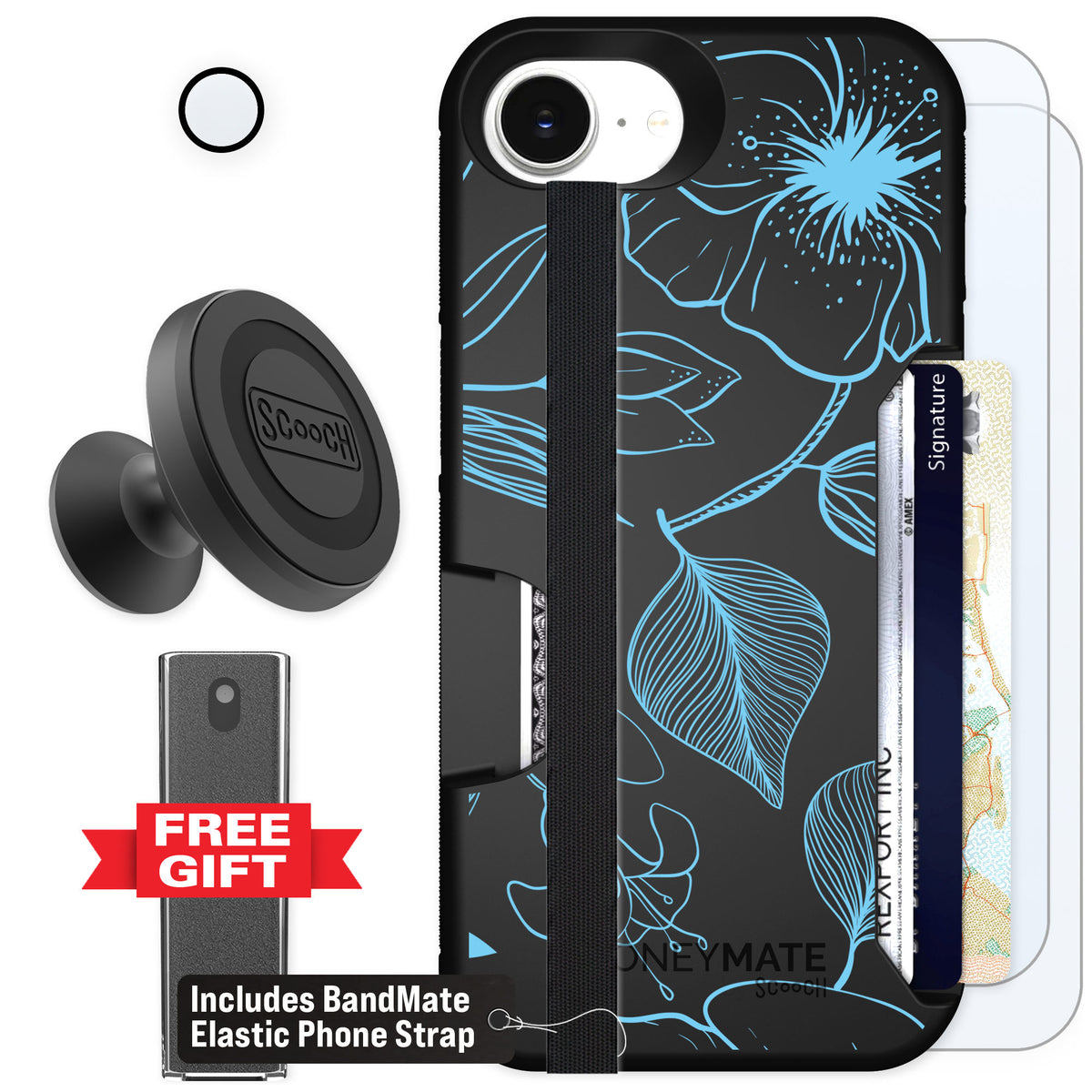 Scooch Moneymate Blue Hibiscus for iPhone 16e — Defender Bundle