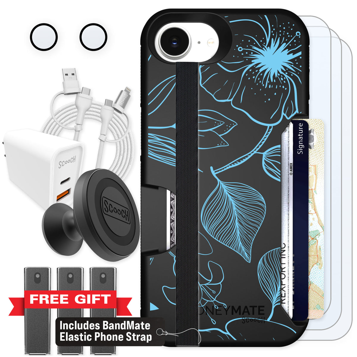Scooch Moneymate Blue Hibiscus for iPhone 16e — Ultimate Bundle