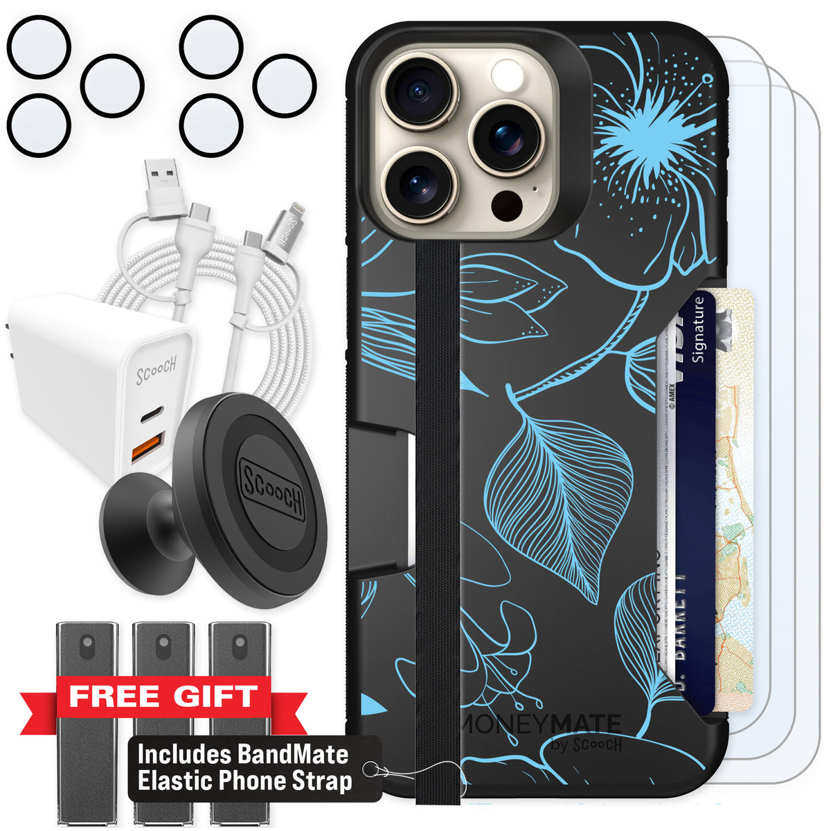 Scooch Moneymate Blue Hibiscus for iPhone 15 Pro Max — Ultimate Bundle