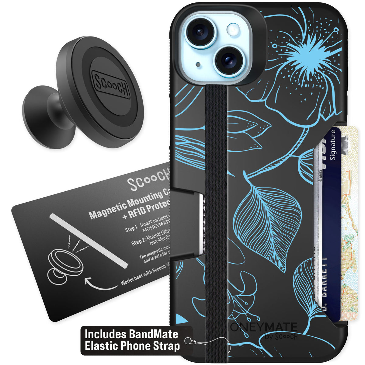 Scooch Moneymate Blue Hibiscus for iPhone 15 Plus — Starter Bundle