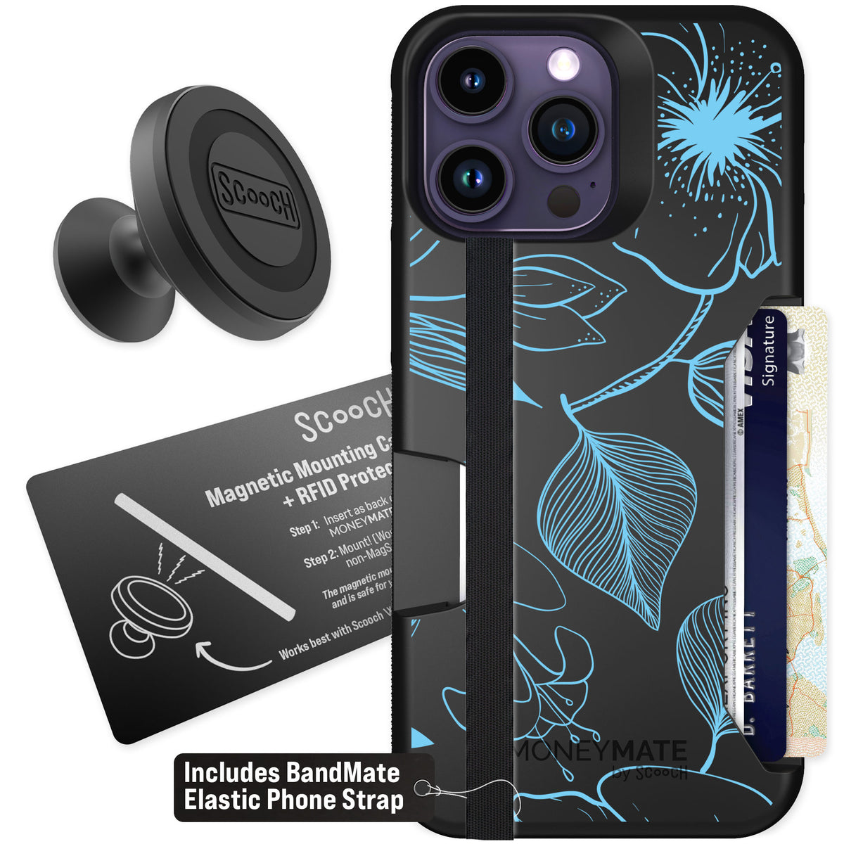 Scooch Moneymate Blue Hibiscus for iPhone 14 Pro Max — Starter Bundle