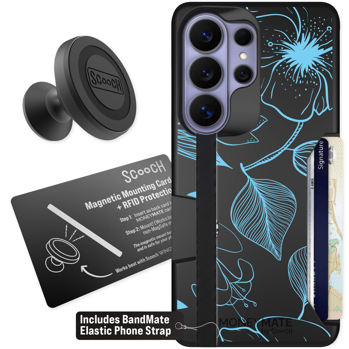 Scooch Moneymate Blue Hibiscus for Galaxy S26 Ultra — Starter Bundle