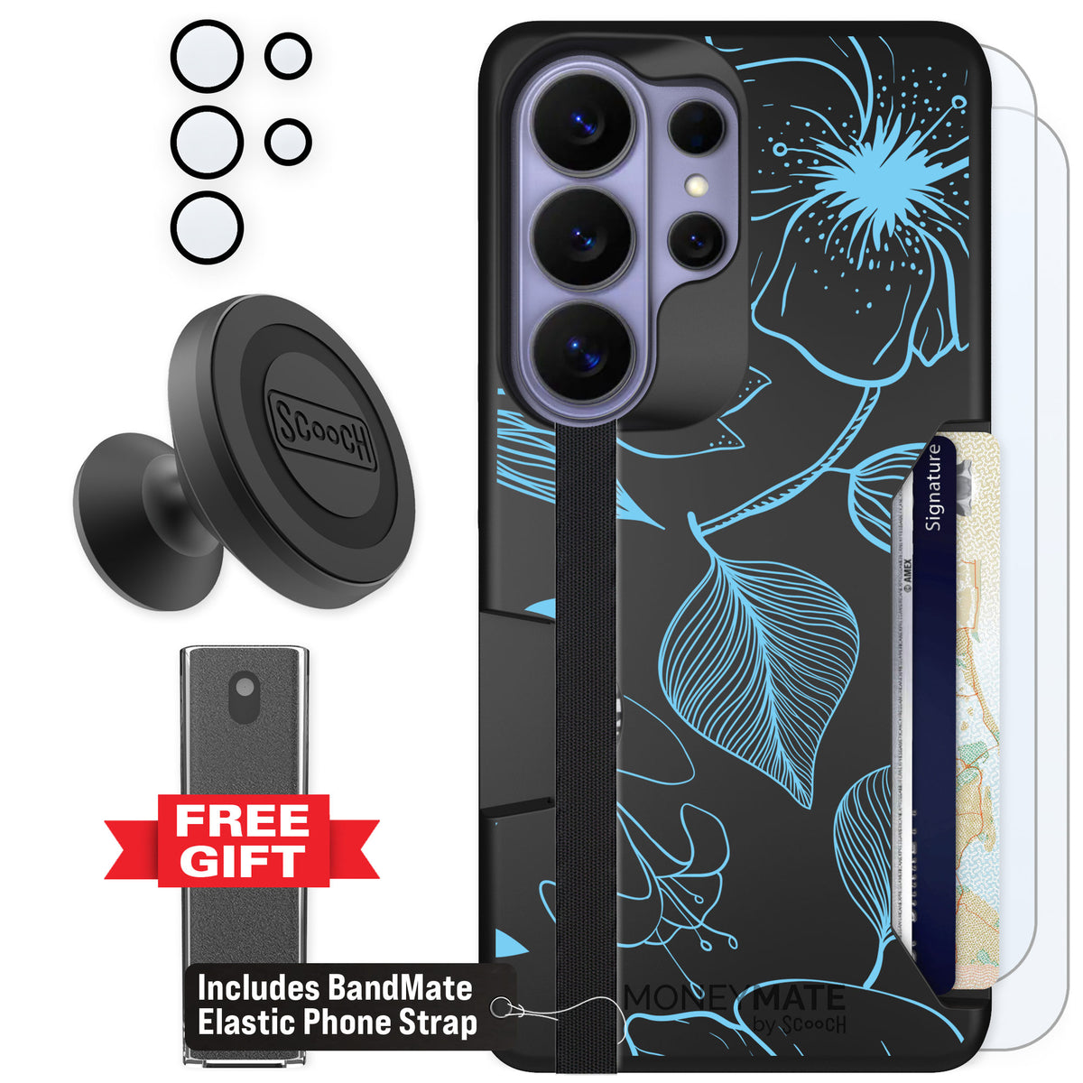 Scooch Moneymate Blue Hibiscus for Galaxy S26 Ultra — Defender Bundle