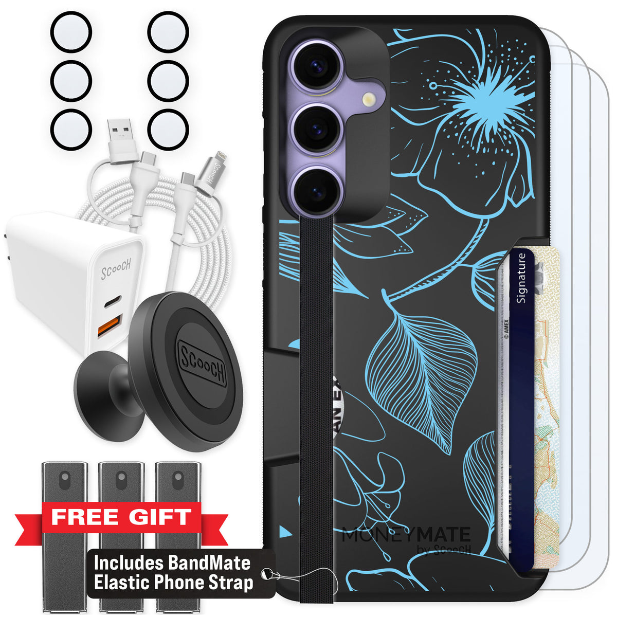 Scooch Moneymate Blue Hibiscus for Galaxy S25+ — Ultimate Bundle