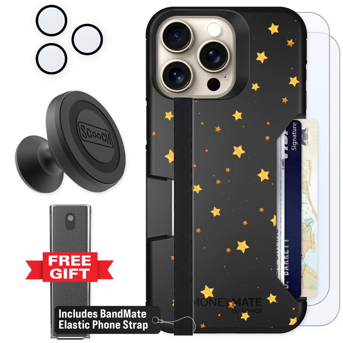 Scooch Moneymate Gold Stars for iPhone 15 Pro Max β Defender Bundle