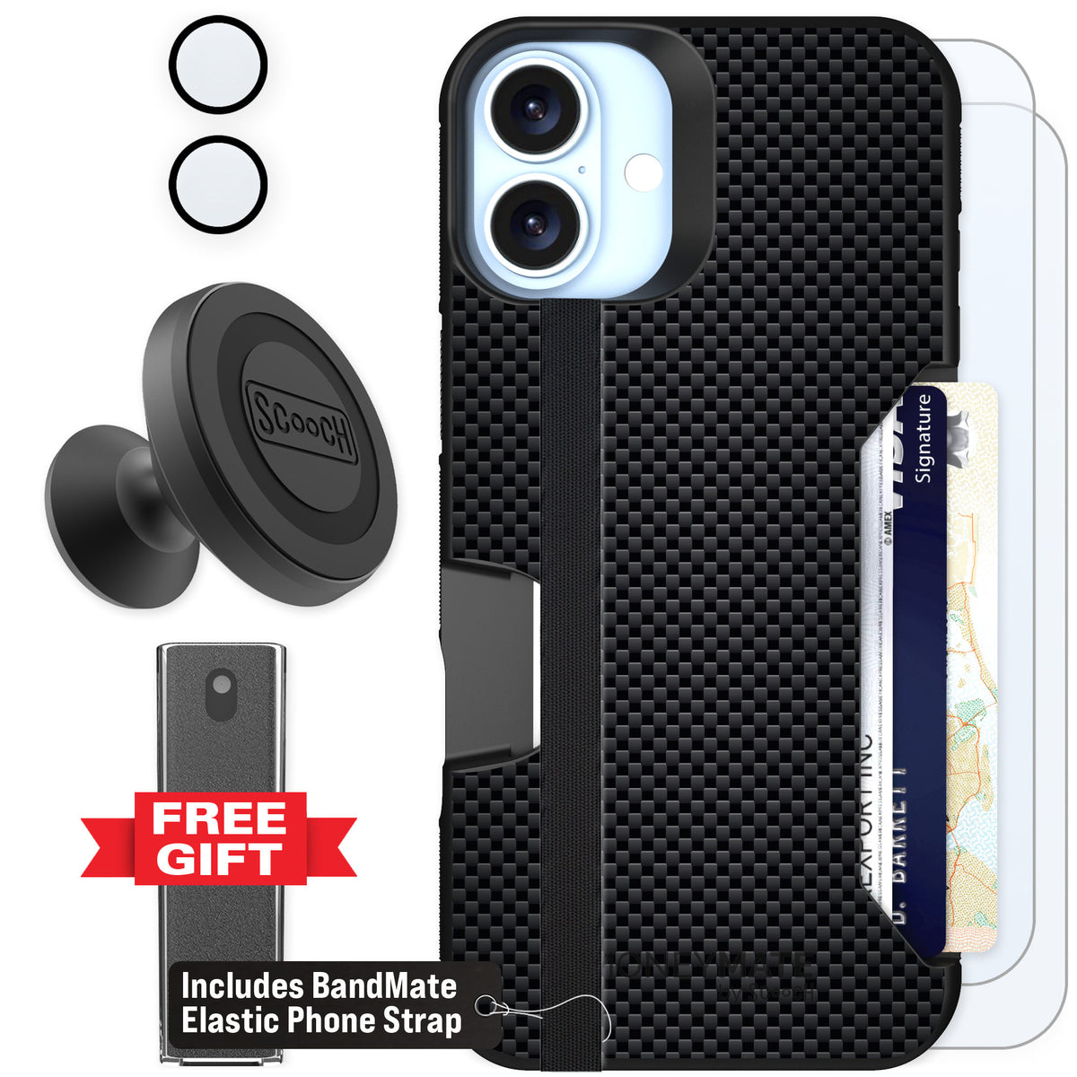 Scooch Moneymate Carbon Fiber for iPhone 16 Plus β Defender Bundle