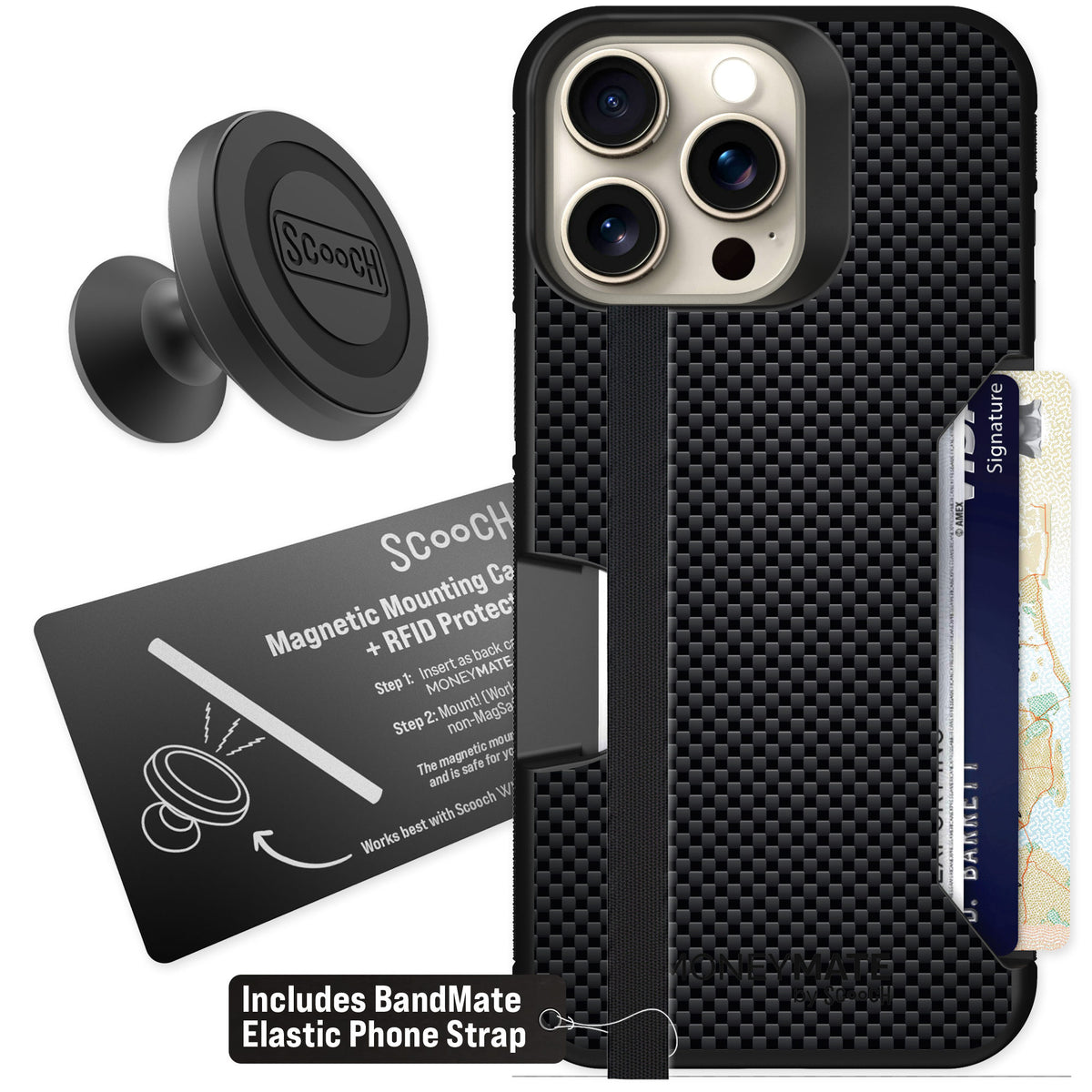 Scooch Moneymate Carbon Fiber for iPhone 15 Pro Max β Starter Bundle