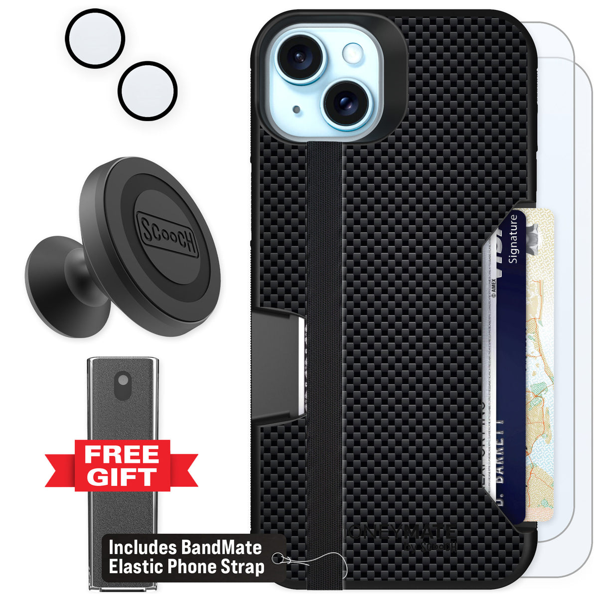 Scooch Moneymate Carbon Fiber for iPhone 15 Plus β Defender Bundle