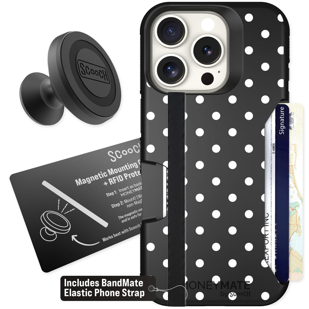 Scooch Moneymate Polka Dots for iPhone 16 Pro β Starter Bundle