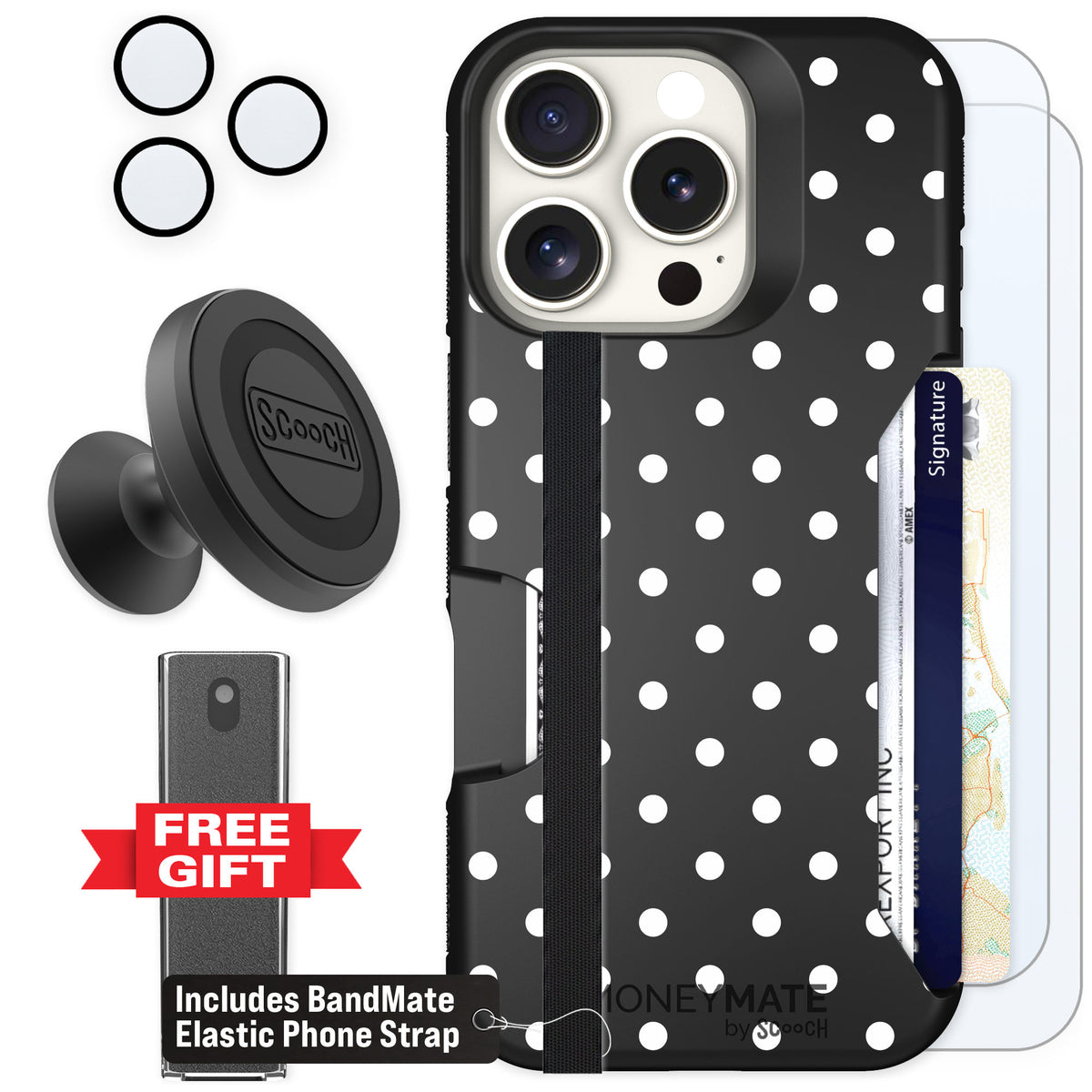 Scooch Moneymate Polka Dots for iPhone 16 Pro β Defender Bundle