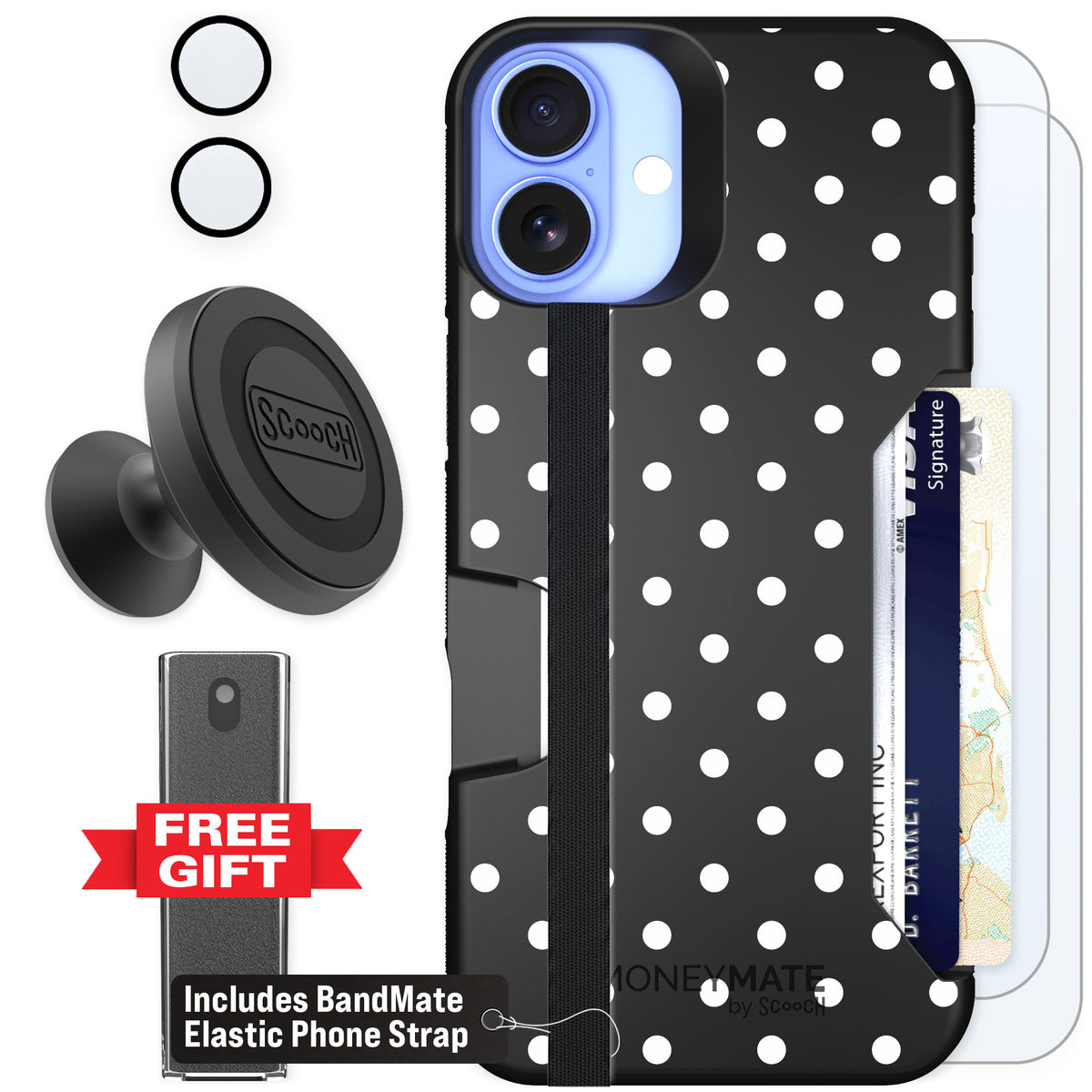 Scooch Moneymate Polka Dots for iPhone 16 Plus β Defender Bundle