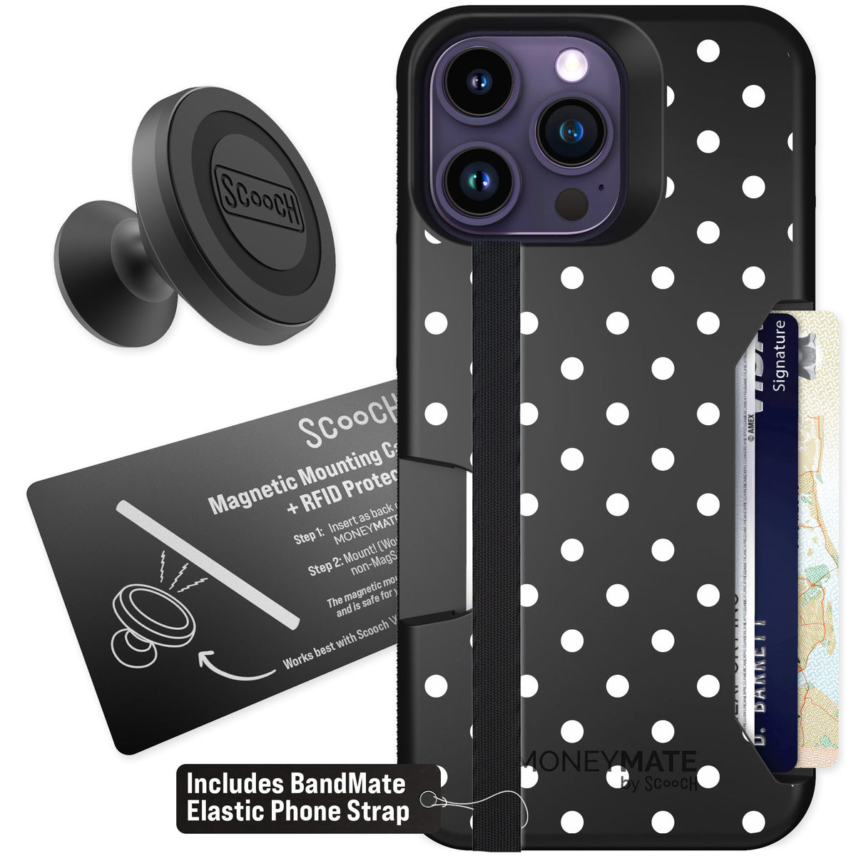 Scooch Moneymate Polka Dots for iPhone 14 Pro Max β Starter Bundle