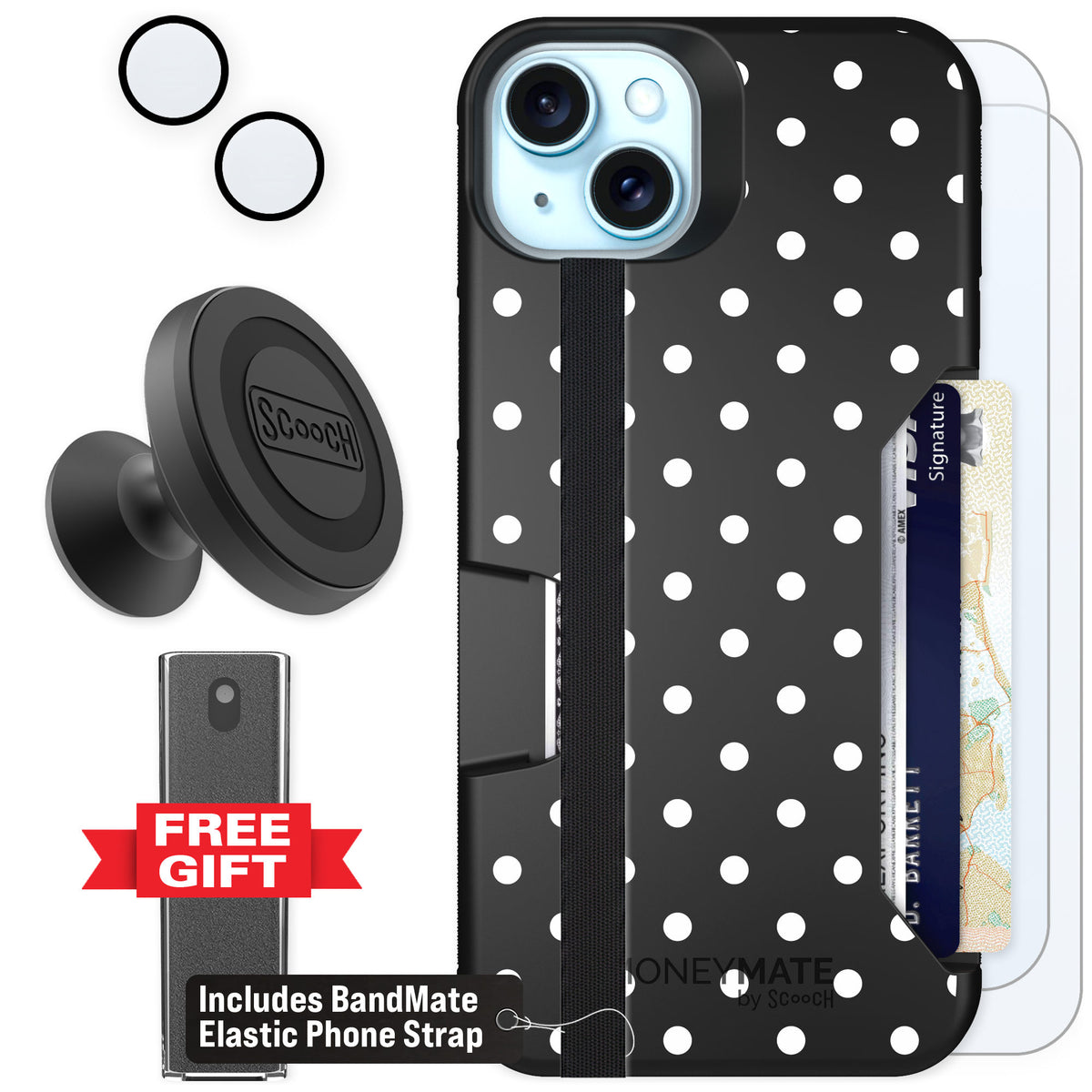 Scooch Moneymate Polka Dots for iPhone 14 Plus β Defender Bundle