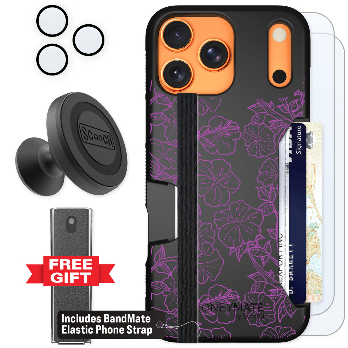 Scooch Moneymate Purple Petunias for iPhone 17 Pro Max — Defender Bundle