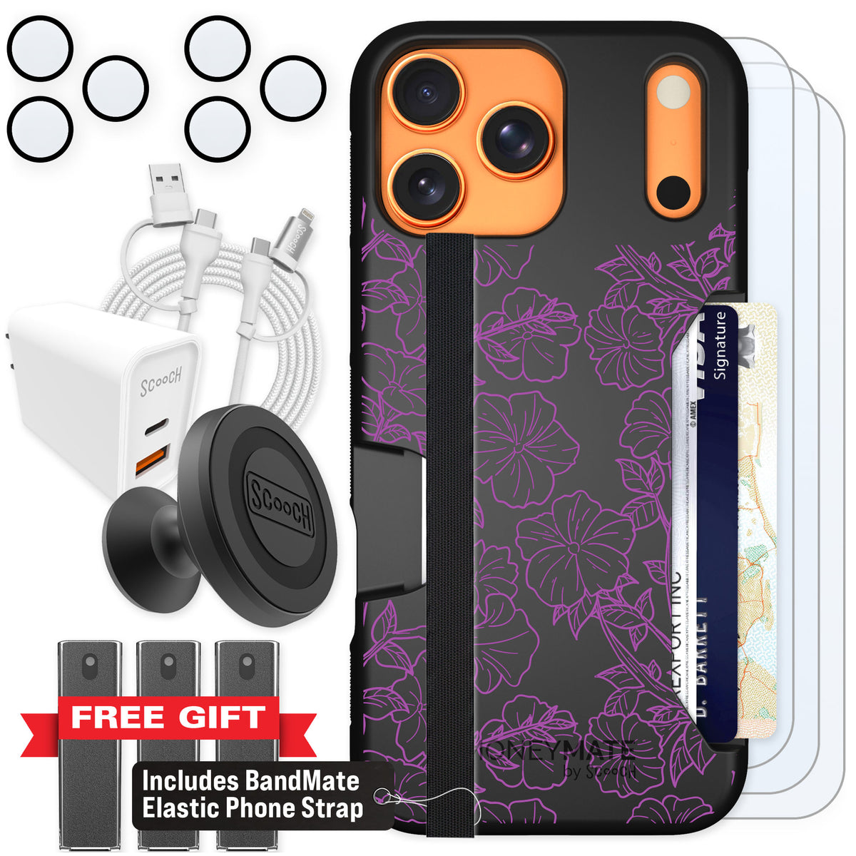 Scooch Moneymate Purple Petunias for iPhone 17 Pro Max — Ultimate Bundle