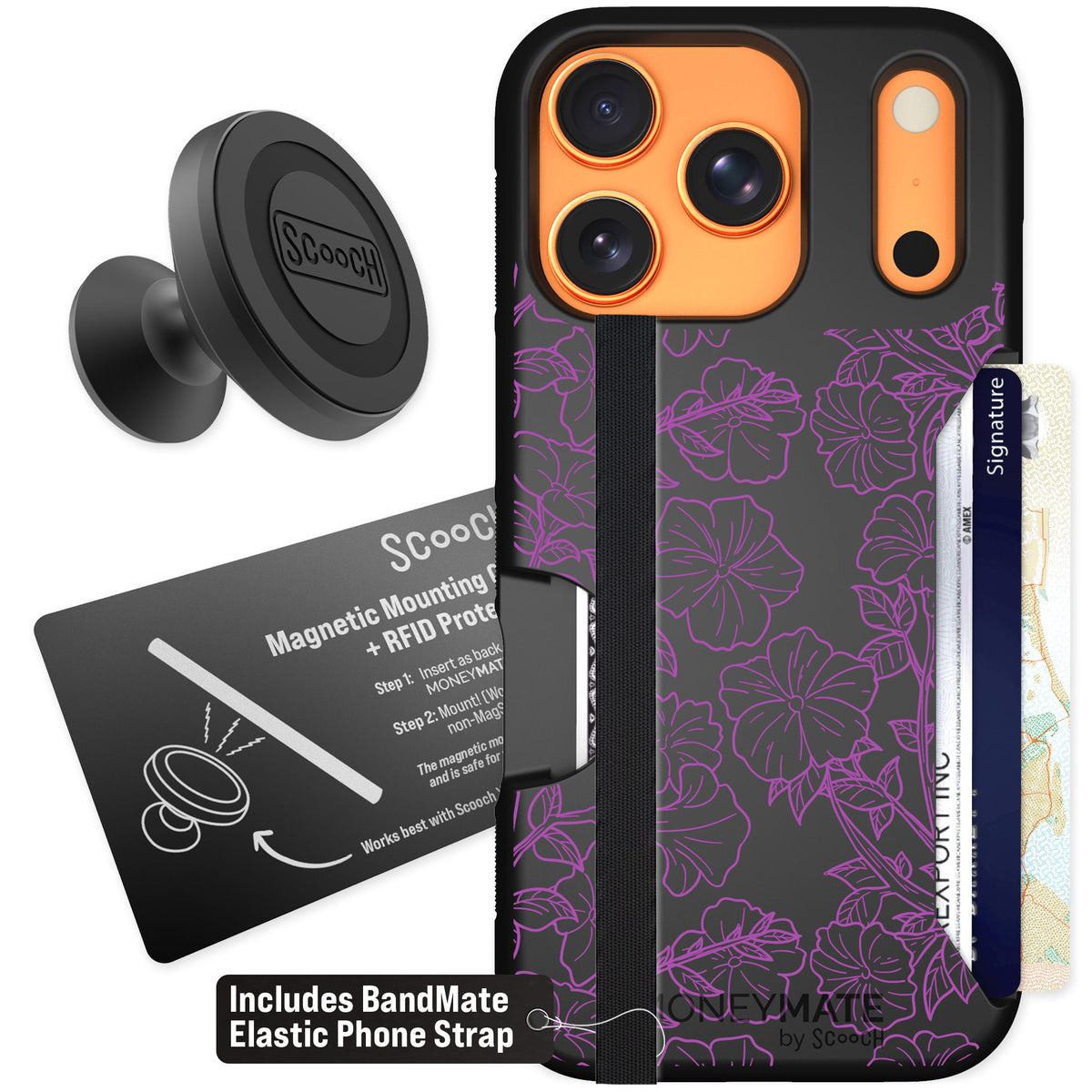 Scooch Moneymate Purple Petunias for iPhone 17 Pro — Starter Bundle