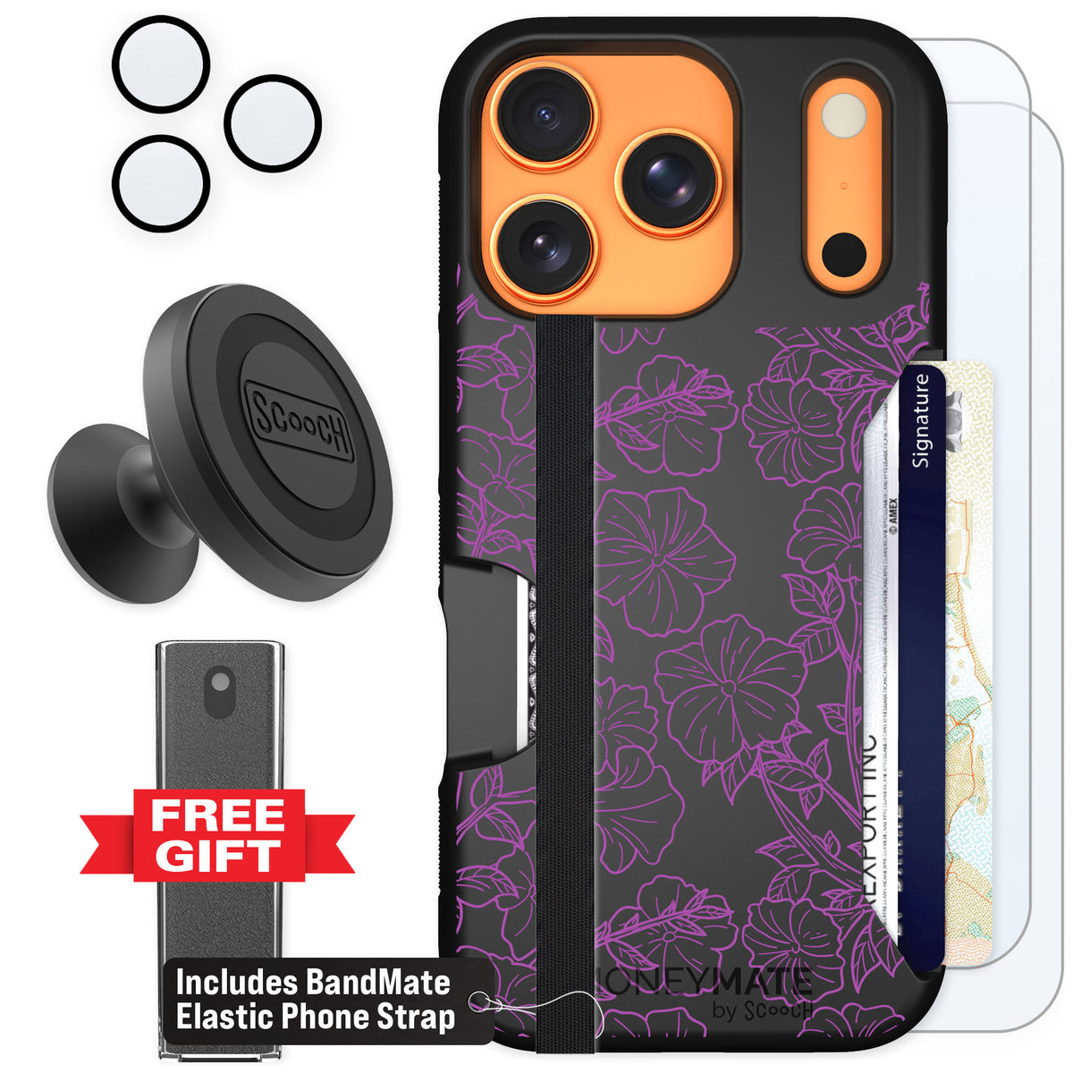 Scooch Moneymate Purple Petunias for iPhone 17 Pro — Defender Bundle