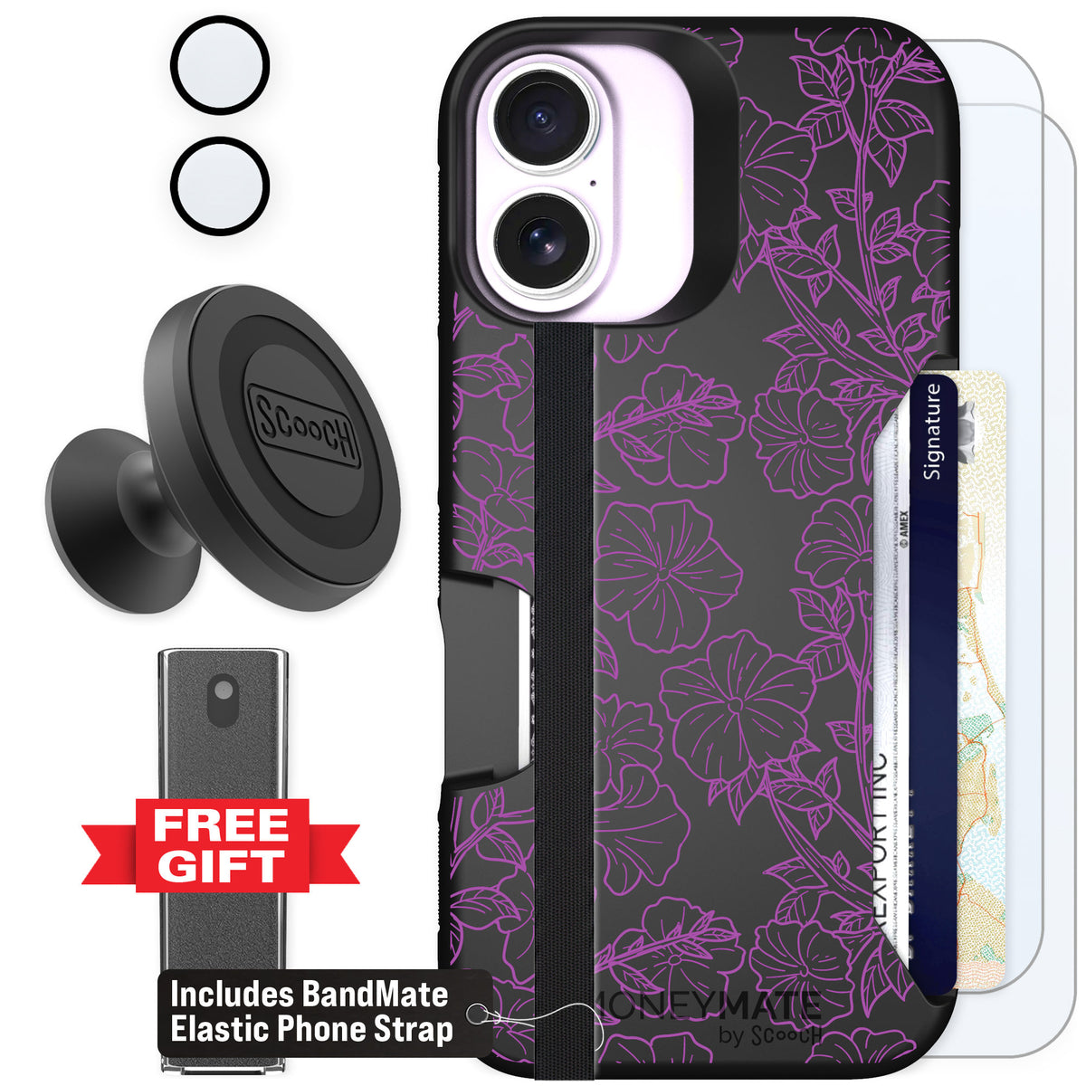 Scooch Moneymate Purple Petunias for iPhone 17 — Defender Bundle