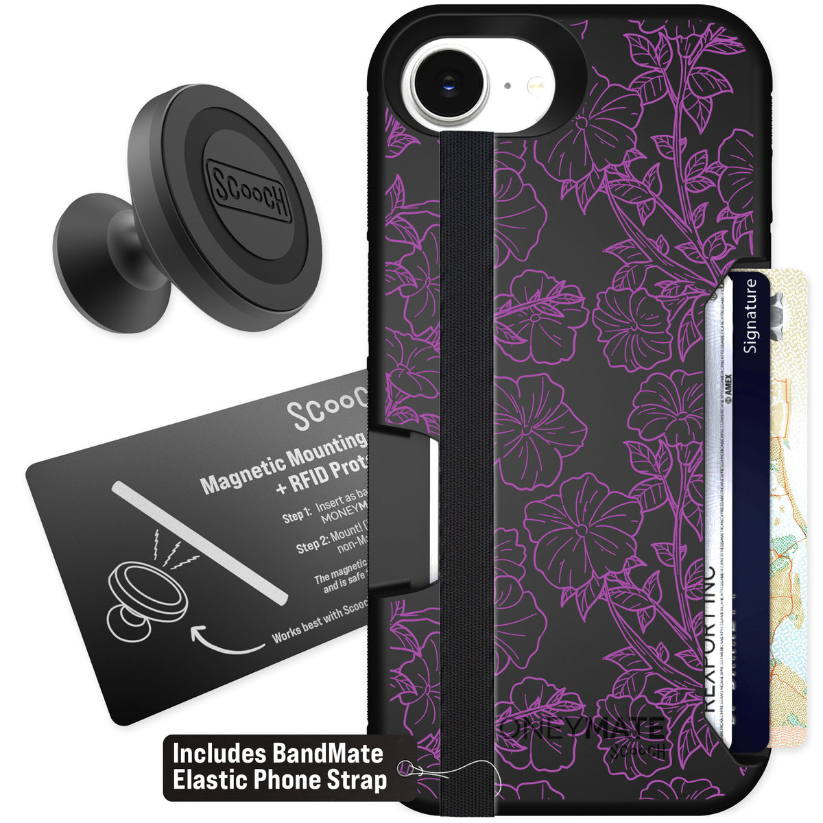 Scooch Moneymate Purple Petunias for iPhone 17e — Starter Bundle