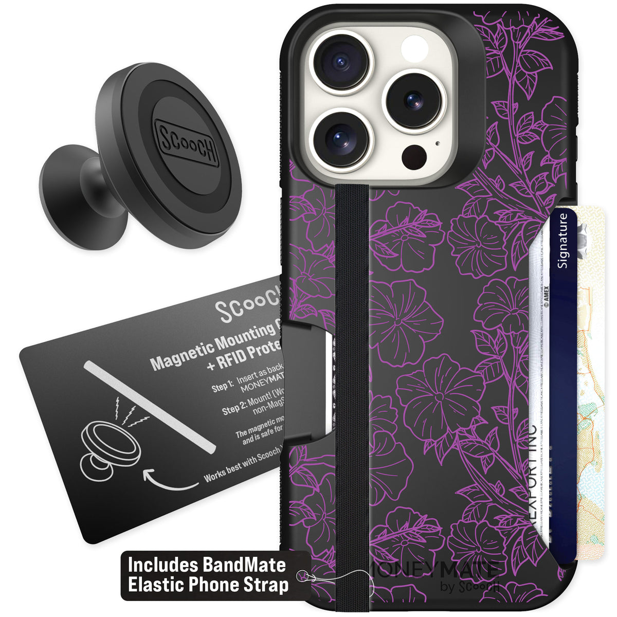 Scooch Moneymate Purple Petunias for iPhone 16 Pro — Starter Bundle