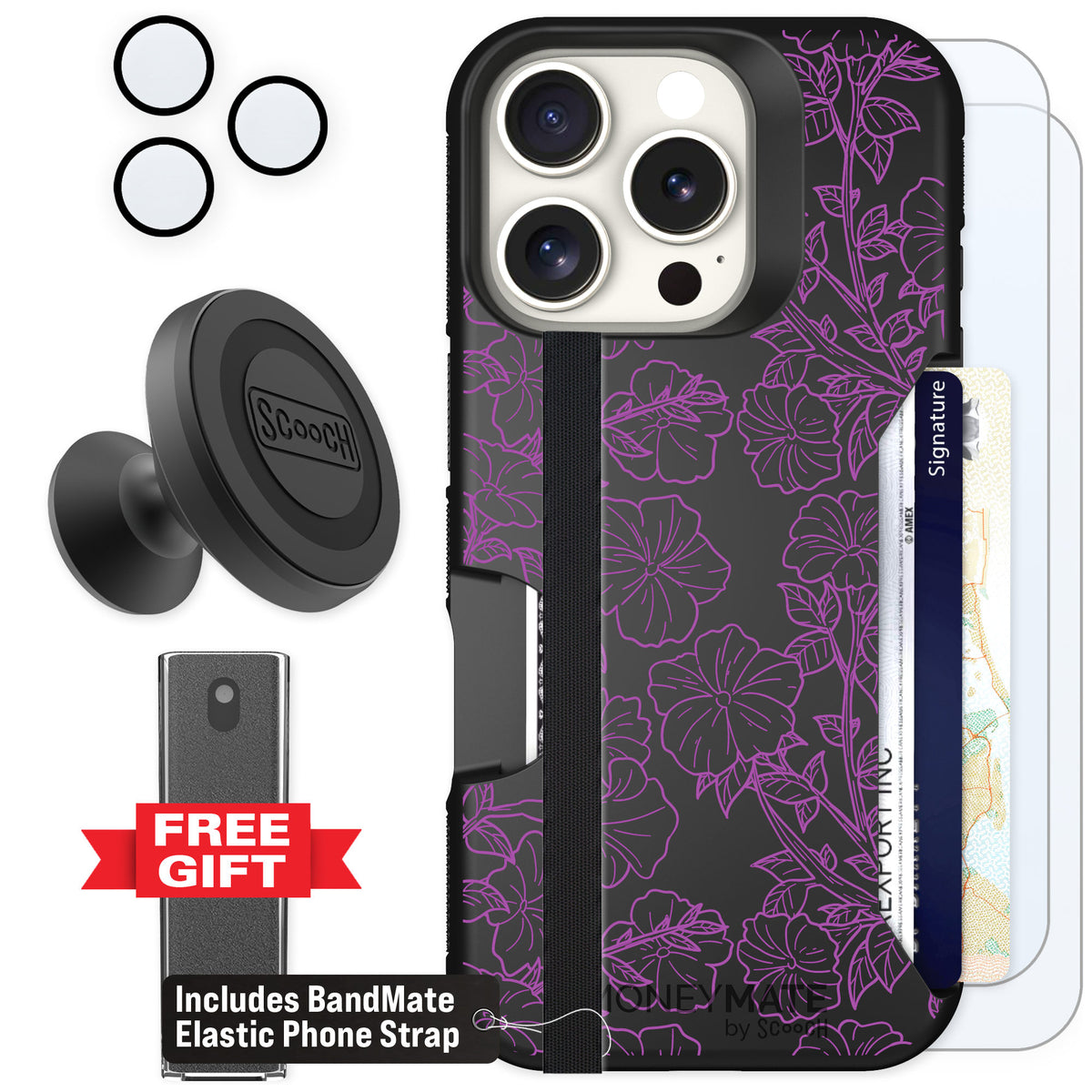 Scooch Moneymate Purple Petunias for iPhone 16 Pro — Defender Bundle