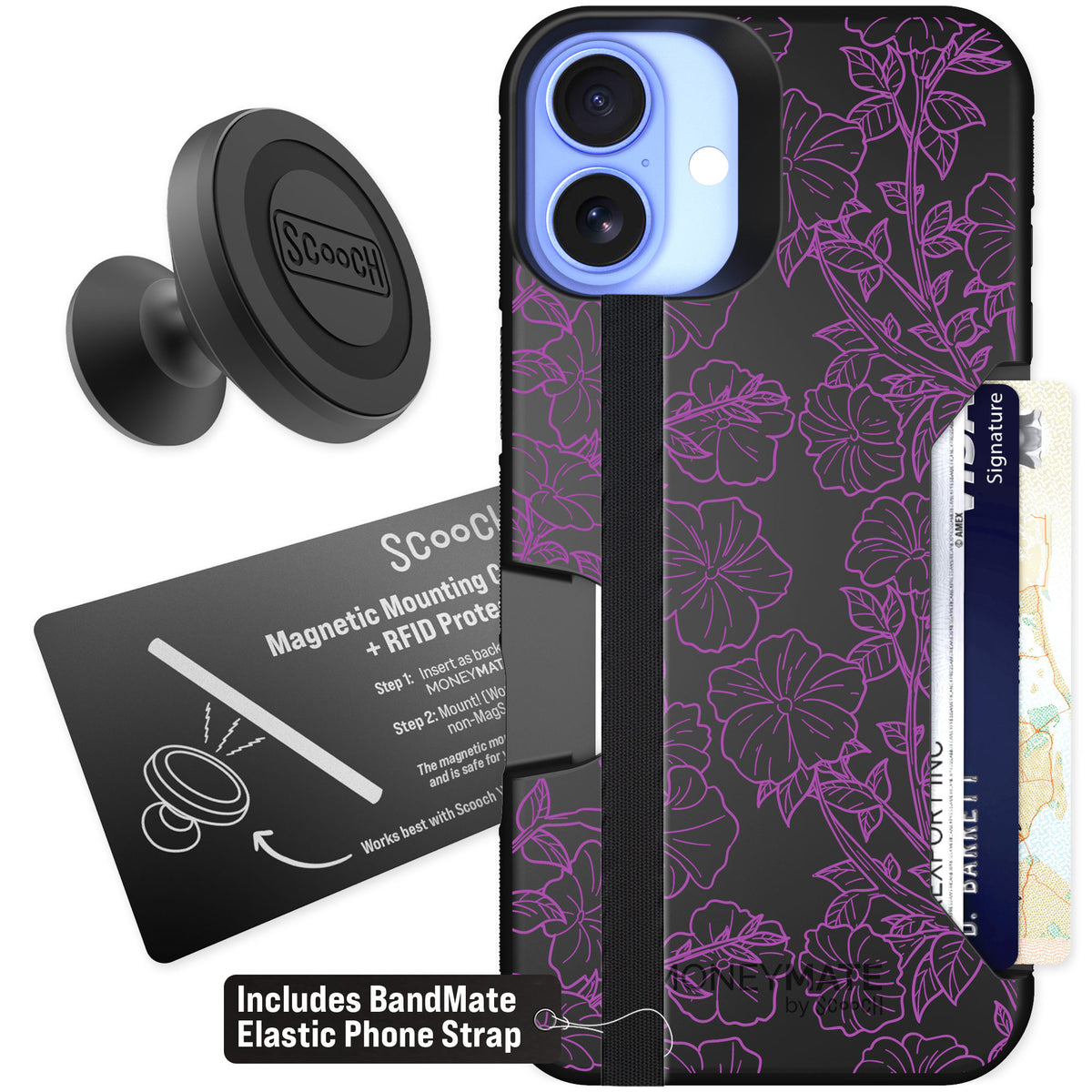Scooch Moneymate Purple Petunias for iPhone 16 Plus — Starter Bundle