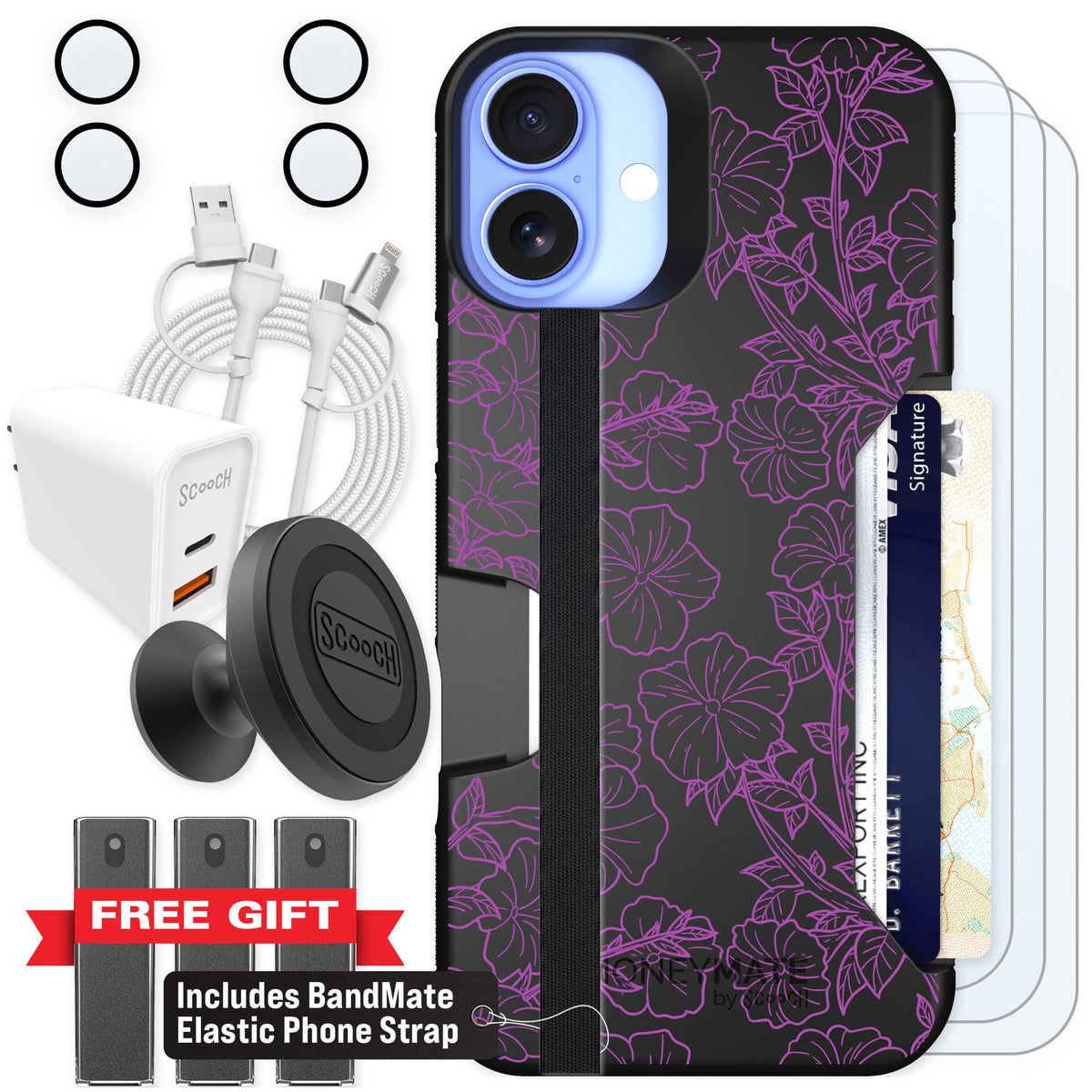 Scooch Moneymate Purple Petunias for iPhone 16 Plus — Ultimate Bundle