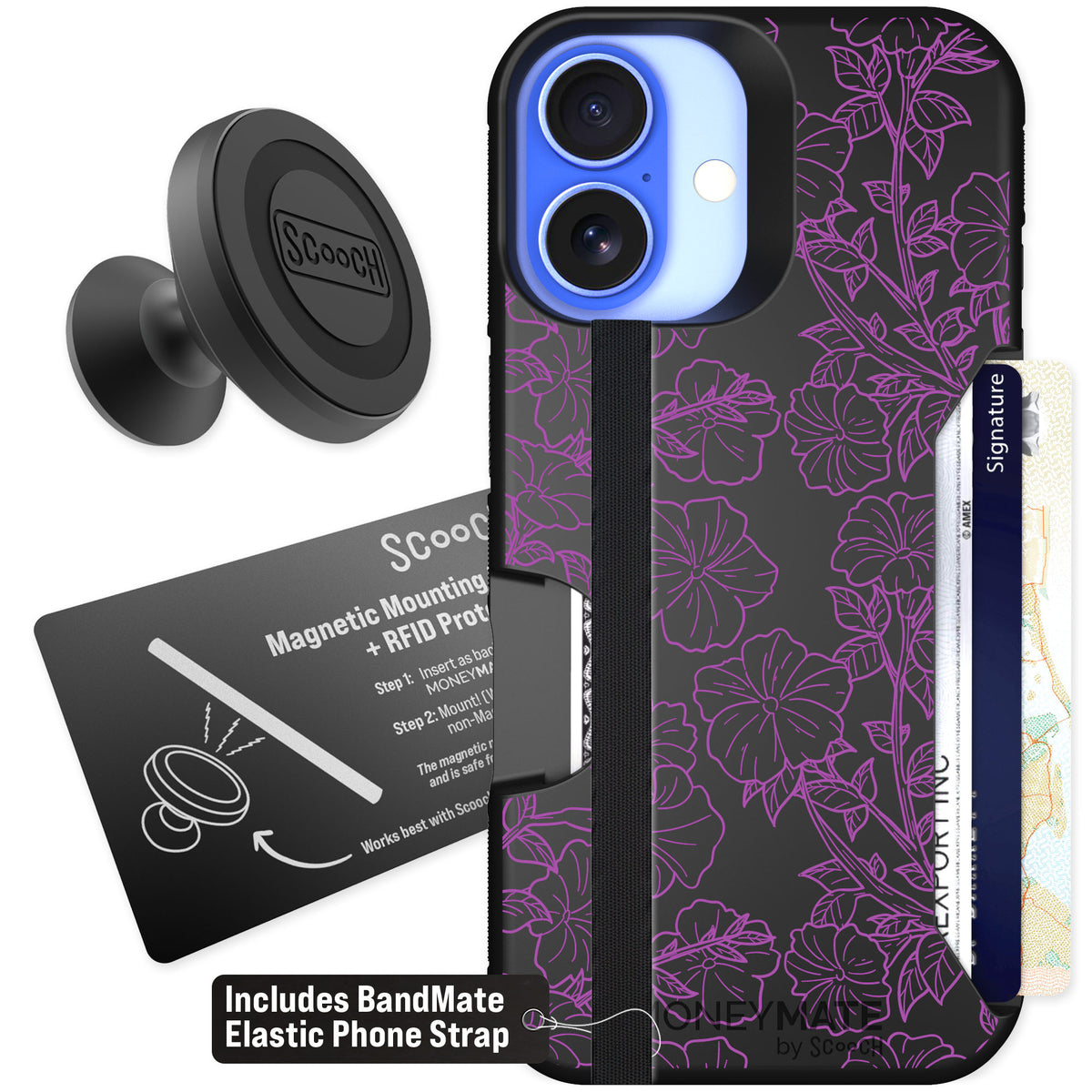 Scooch Moneymate Purple Petunias for iPhone 16 — Starter Bundle