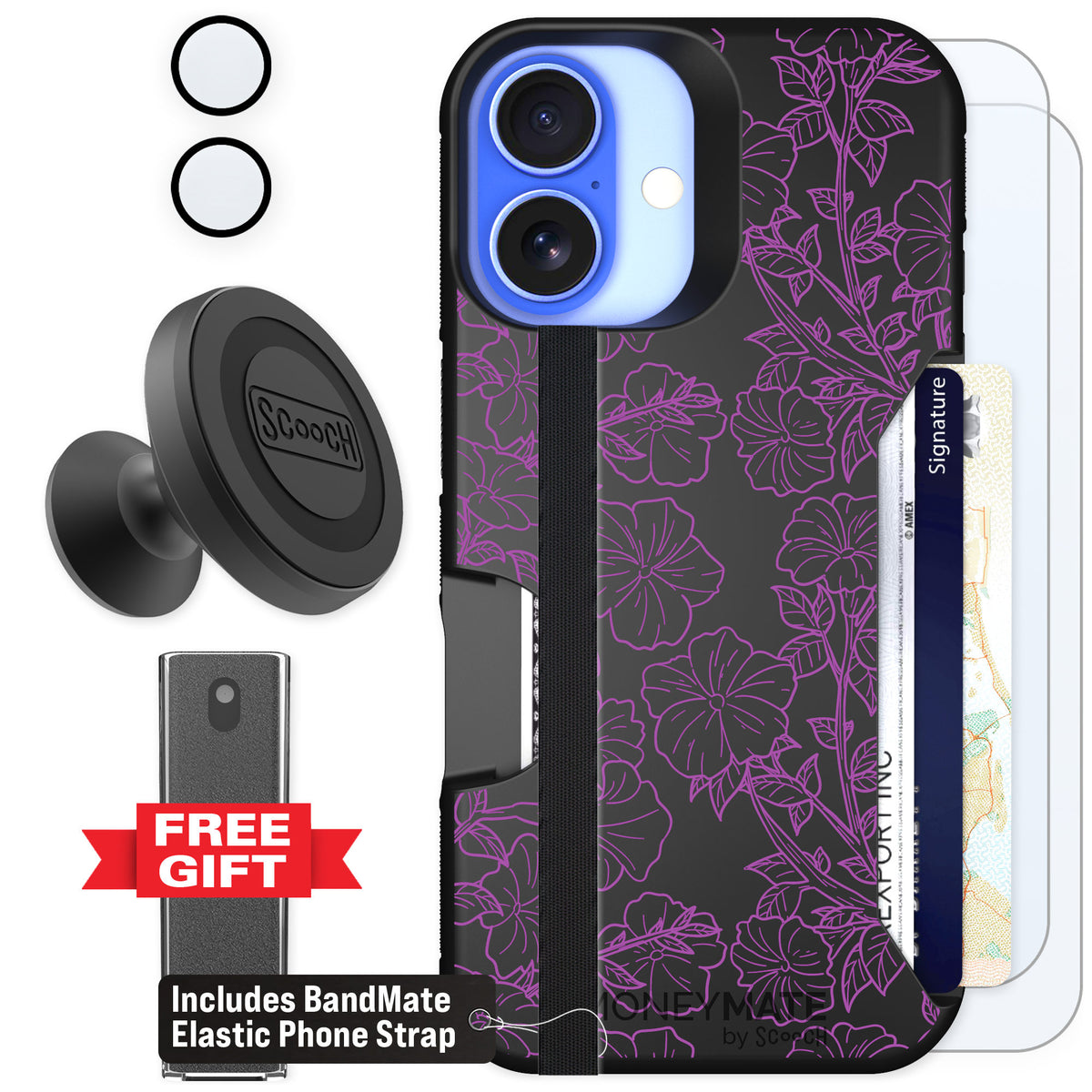 Scooch Moneymate Purple Petunias for iPhone 16 — Defender Bundle