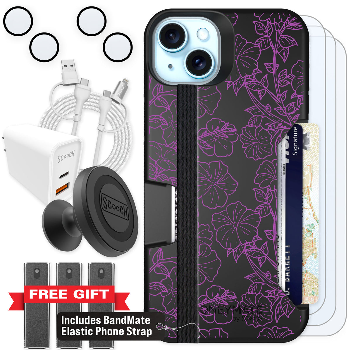 Scooch Moneymate Purple Petunias for iPhone 15 Plus — Ultimate Bundle