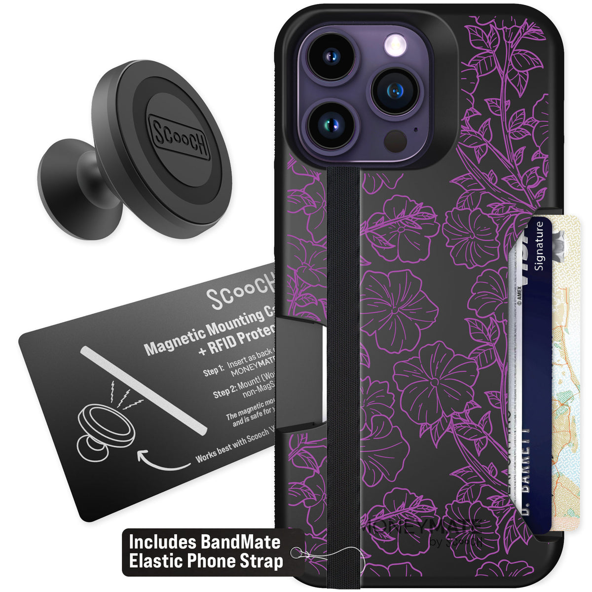 Scooch Moneymate Purple Petunias for iPhone 14 Pro Max — Starter Bundle
